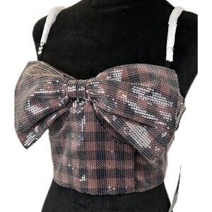 Johnny Wujek Sequin Crop Top Bow Front Zip Back Jrs Sz 11 Plaid Black Brown GLAM